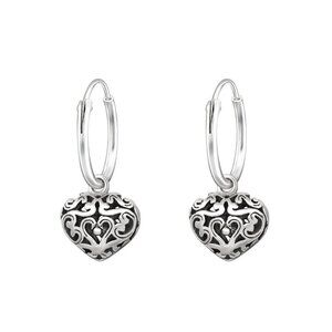 Sterling Silver Filigree Heart Hoop Earrings 12mm